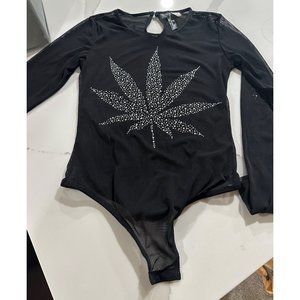 HIGH DEMAND black mesh rhinestone marijuana bodysuit SIZE SMALL